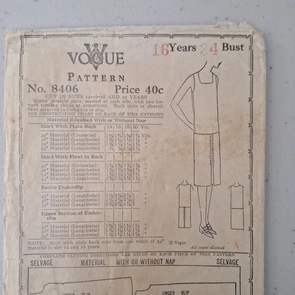 RARE Antique 1920's VOGUE Pattern Cover #8406 Skirt Slip Shirt 16 Years 34 Bust